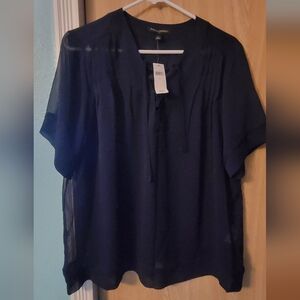 Banana Republic Navy Blue Short Sleeve Tie-Neck Blouse